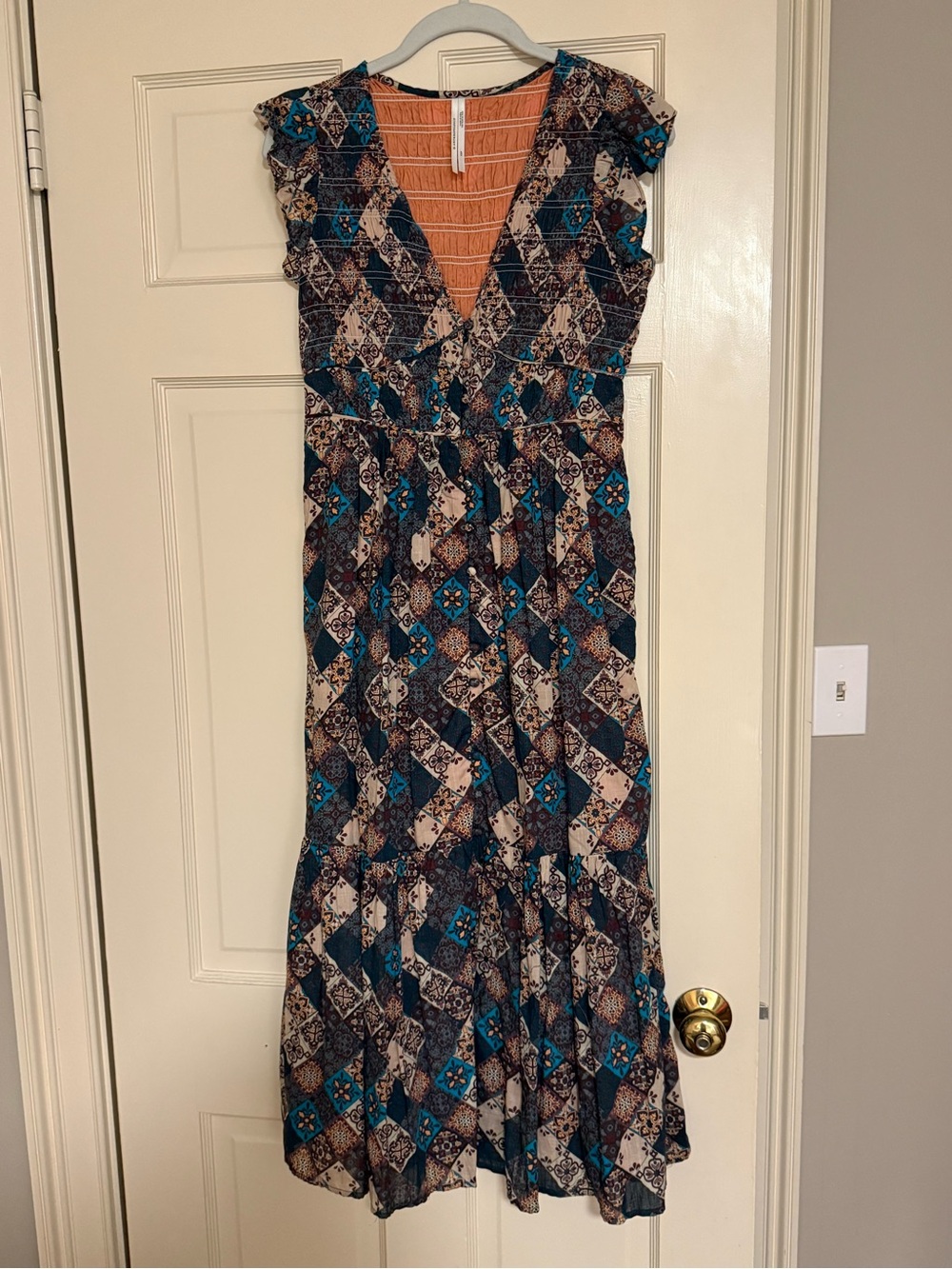 Anthropologie Teal, Navy & Cream Patterned Maxi Dress